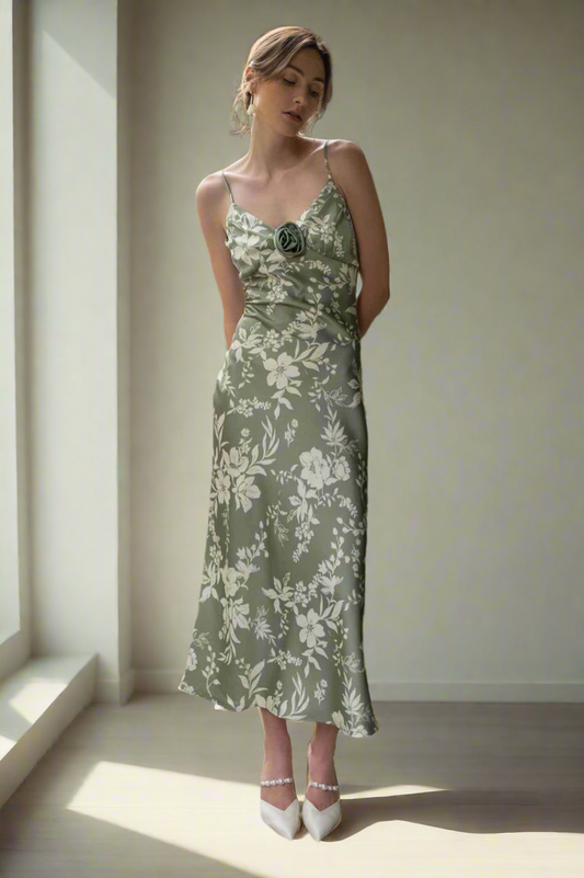 Rosette Floral Print Midi Dress