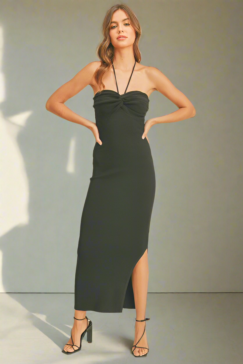 Ruched Detail Halter Neck Knit Long Slit Dress