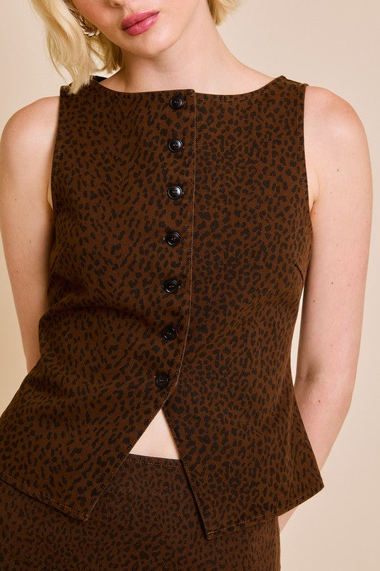 Never Better Sleeveless Leopard Button Down