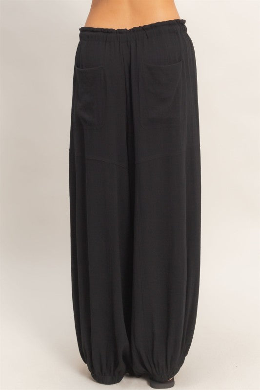 Elastic Hem Drawstring Pants- Black