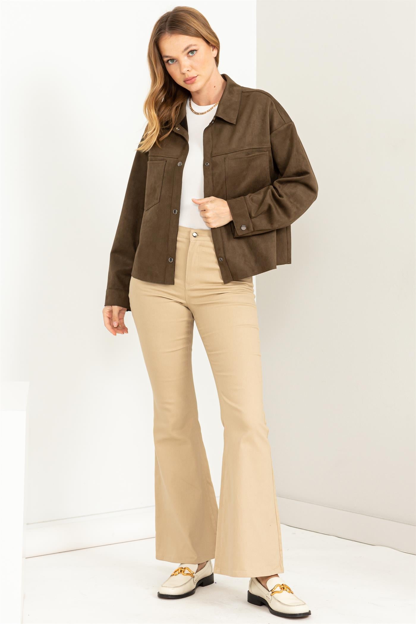 Repeat After Me Faux Suede Button Up