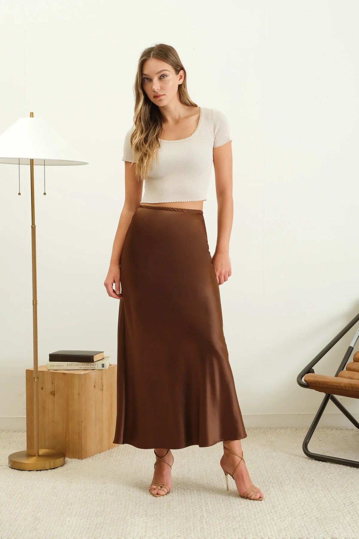Vivian Satin Column Skirt - Brown