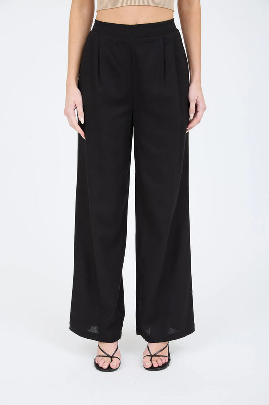 Hot Shot High Rise Wide Leg Linen Blend Pant- Black