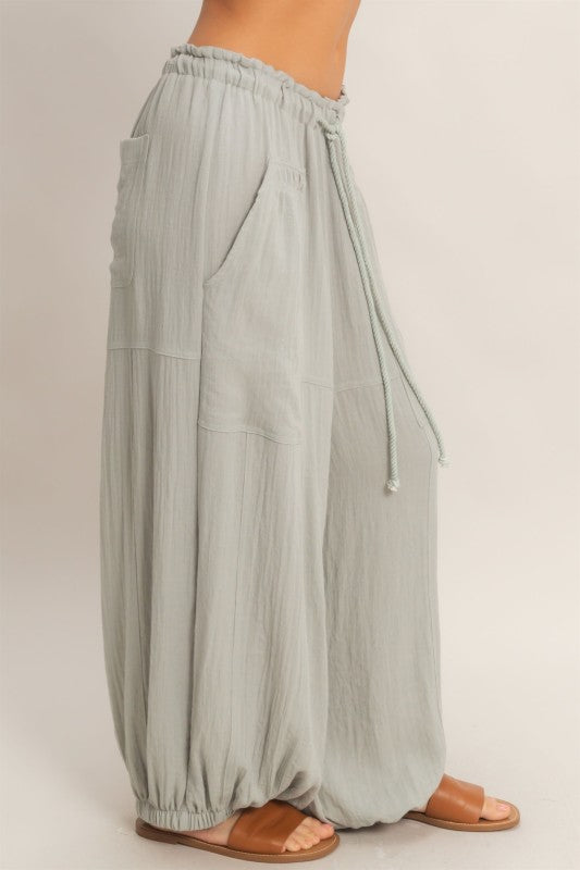 Elastic Hem Drawstring Pants - Dusty Sage