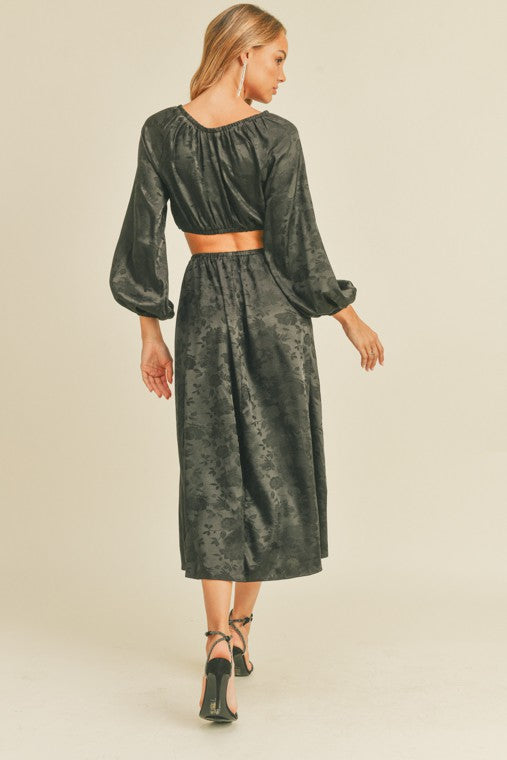 Long Sleeve Jacquard Waist Cut Out Maxi Dress