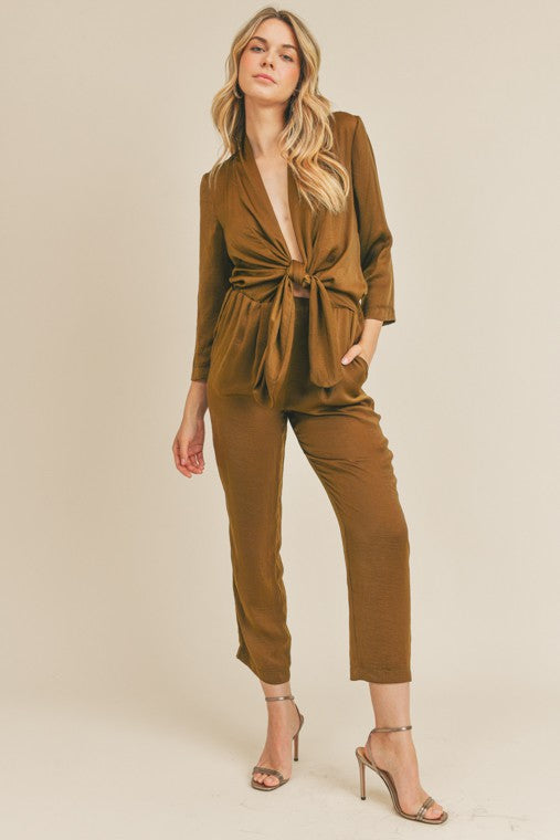 Front Tie Satin Jumpsuit