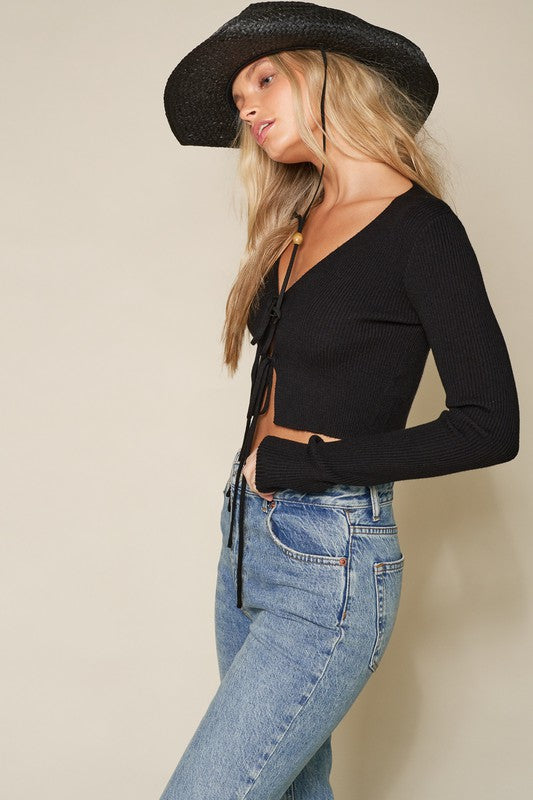Open Front Tie Cropped Cardigan - Black