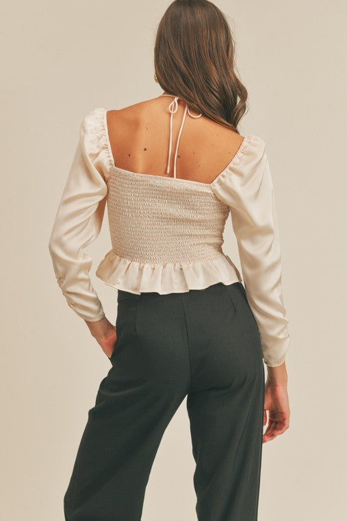 Shiny Tie-neck Ruched Top