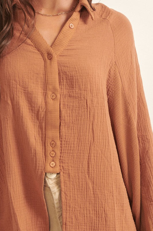 Collar Neck Long Sleeve Self Tie Front Shirt