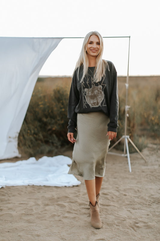 Satin Midi Skirt With Side Zipper
