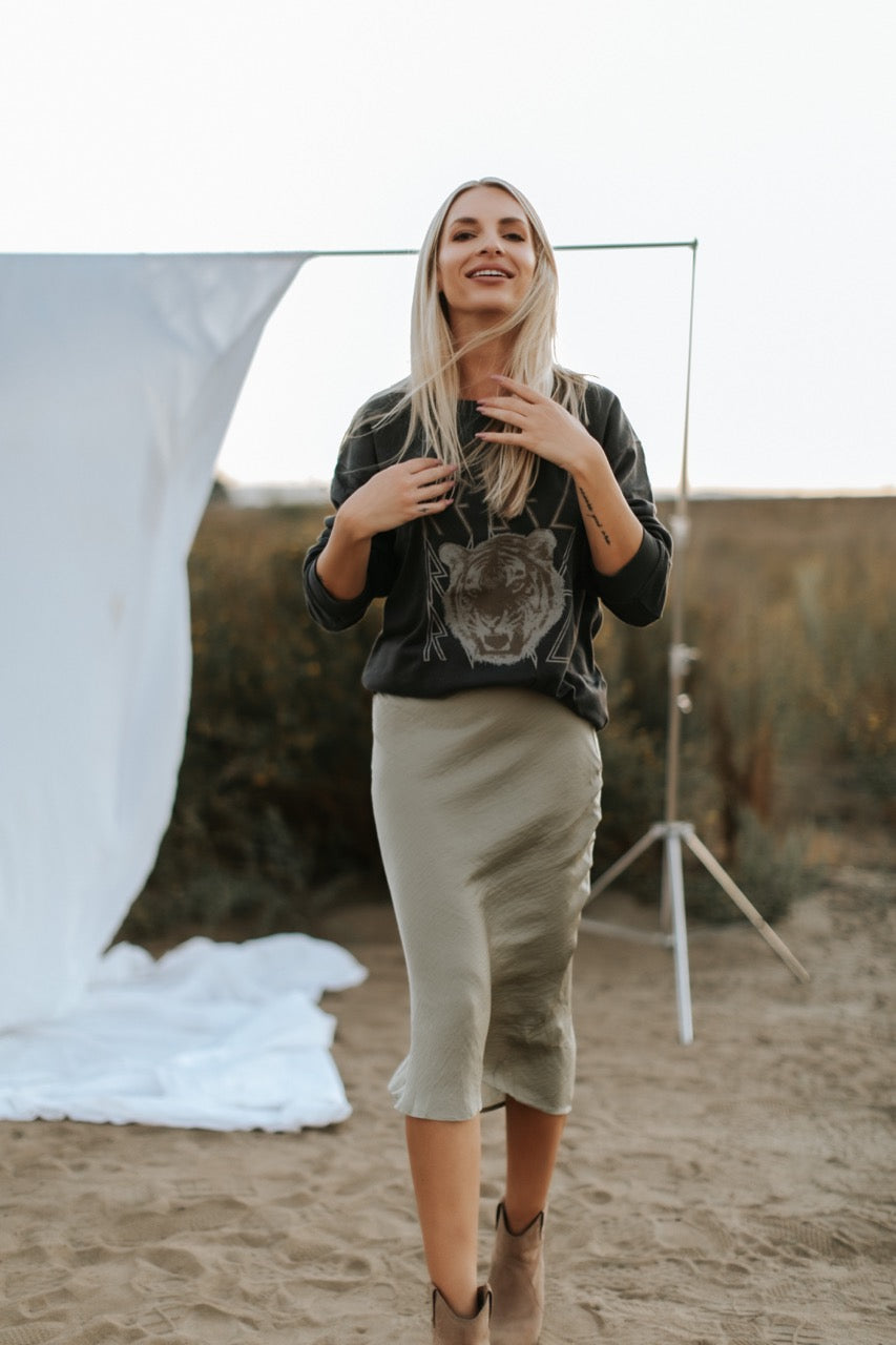 Satin Midi Skirt With Side Zipper