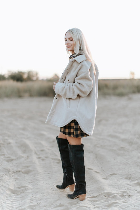 Faux Suede and Shearling Button-Down Jacket