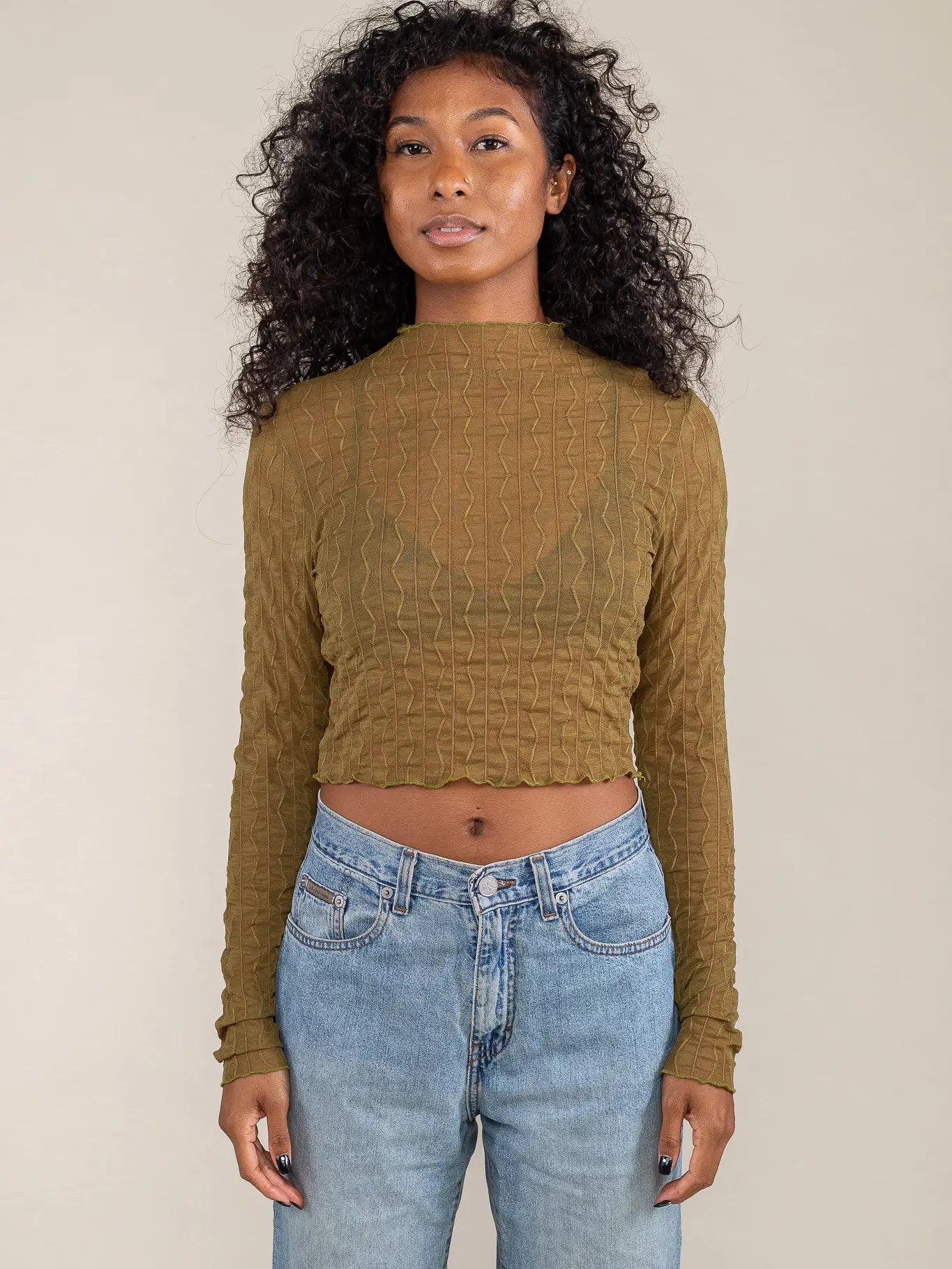 Alba Jacquard Mesh Top - Olive