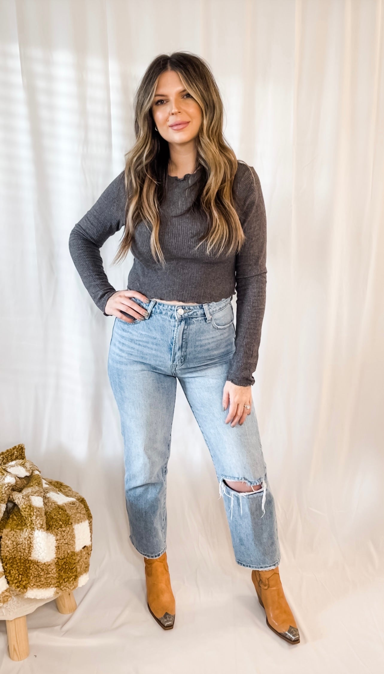 Emma Ruffle Edge Ribbed Basic Long Sleeve Top