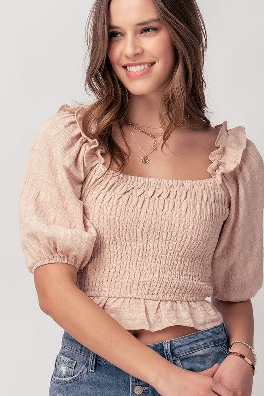Shirred Puff Sleeve Ruffle Crop Top