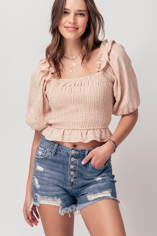 Shirred Puff Sleeve Ruffle Crop Top