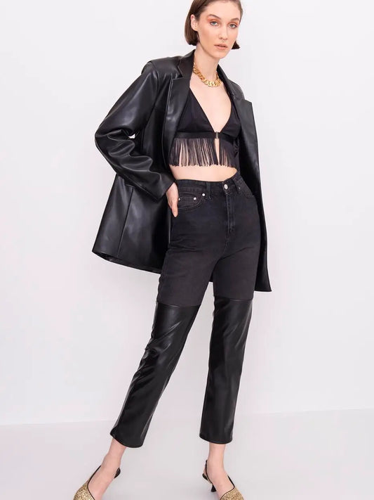 Black Faux Leather Detailed Denim Pants