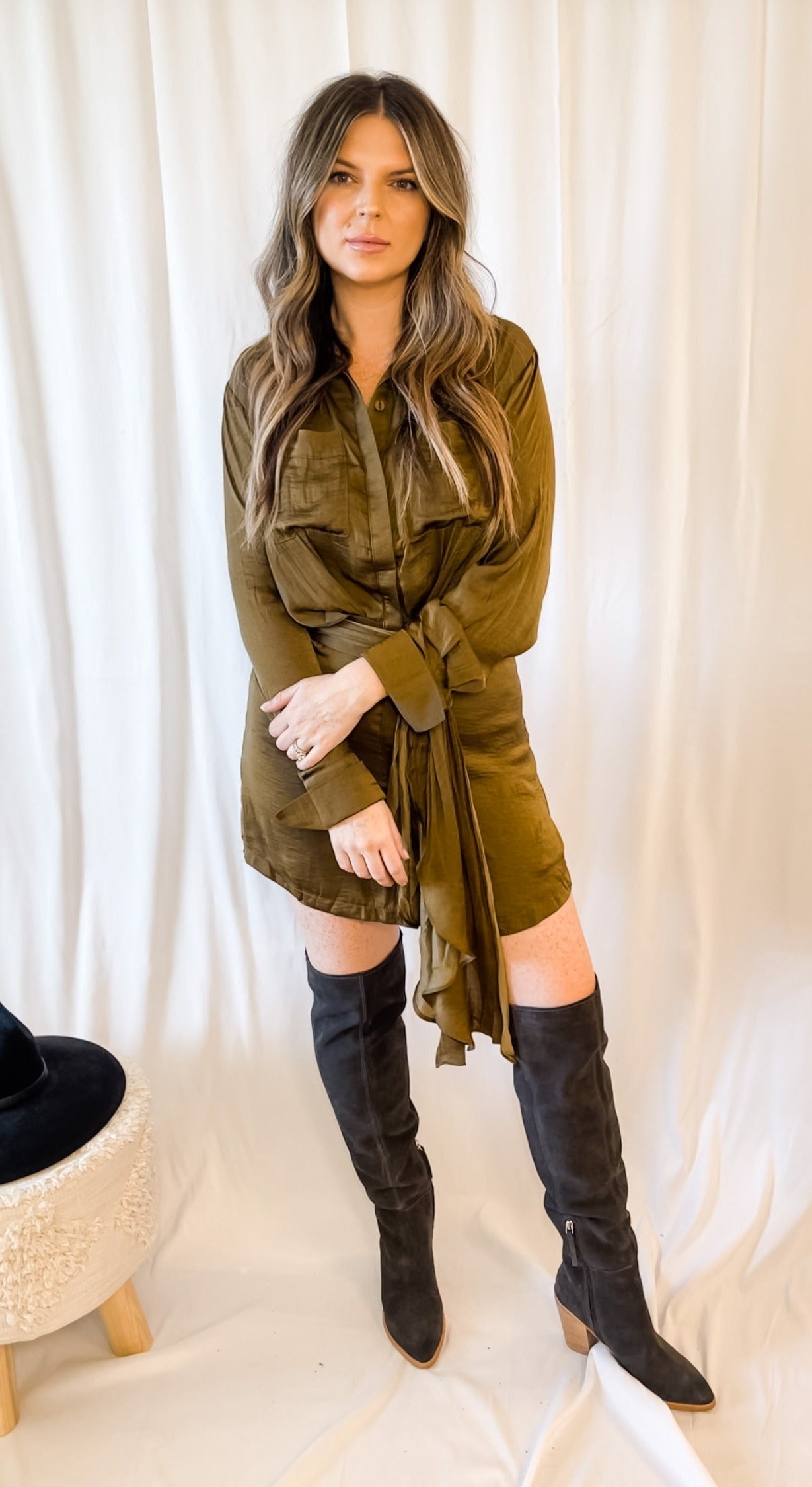 Button-Down Shirt Dress with Tie Waist