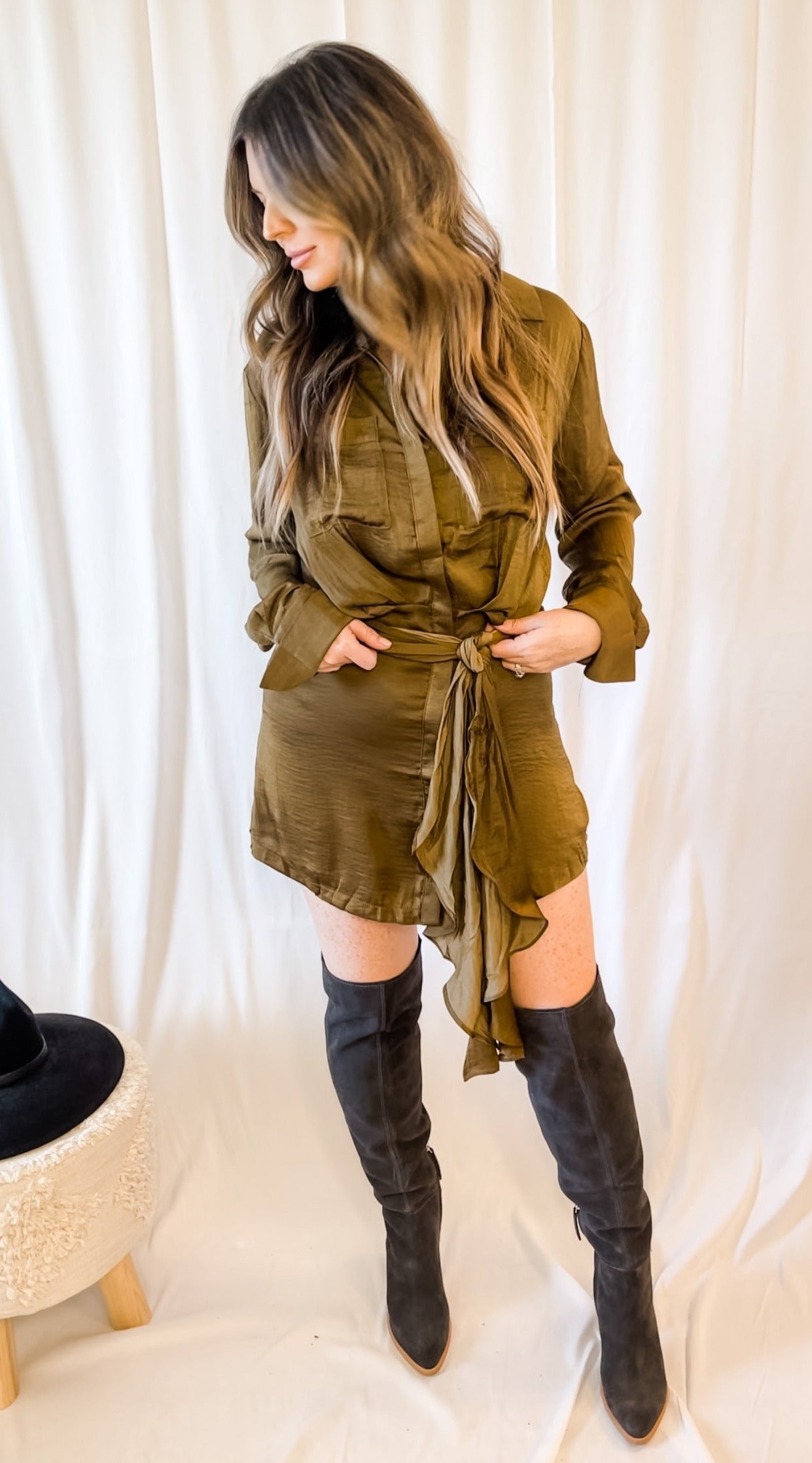 Button-Down Shirt Dress with Tie Waist