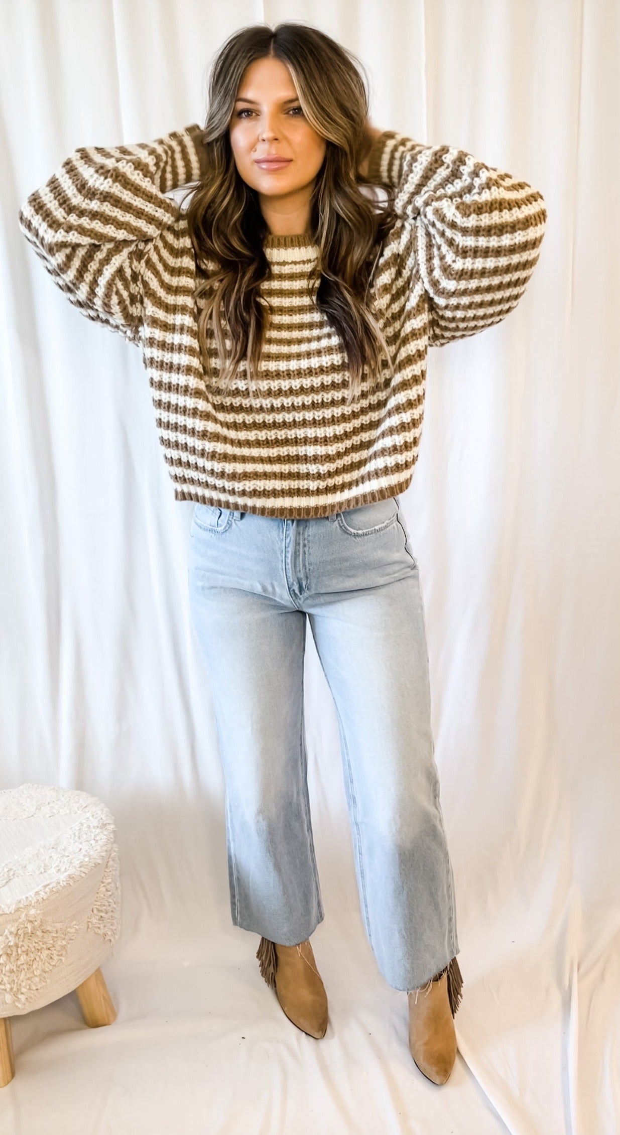 Belmont Striped Cropped Knit Sweater - Taupe