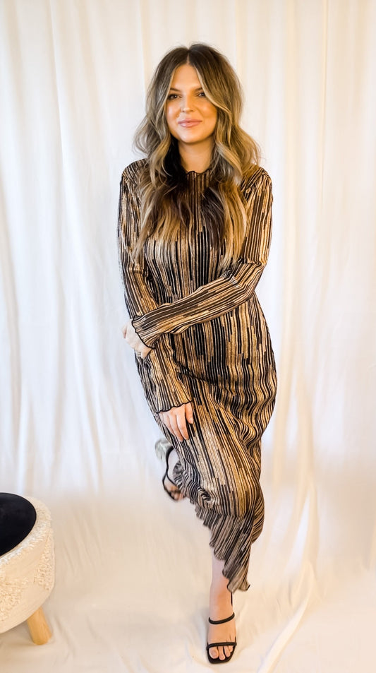 All That Glitters Luxe Crinkle Glitter Striped Midi Dress