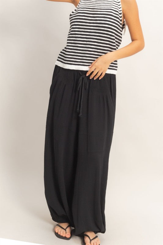 Elastic Hem Drawstring Pants- Black