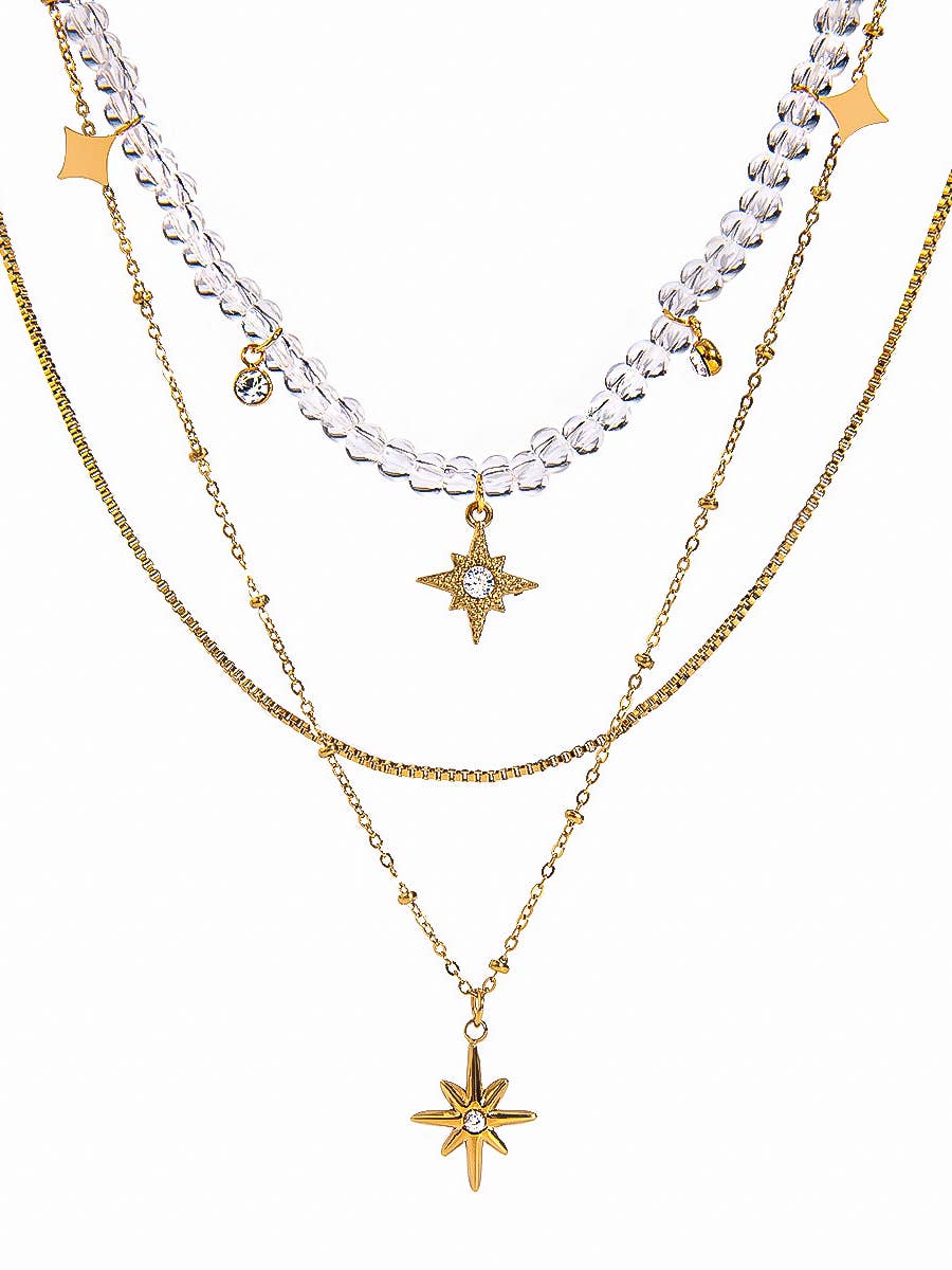Jomar 18K Non-Tarnish Layered Star Beaded Necklace: Yellow Gold