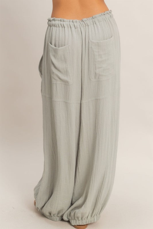 Elastic Hem Drawstring Pants - Dusty Sage