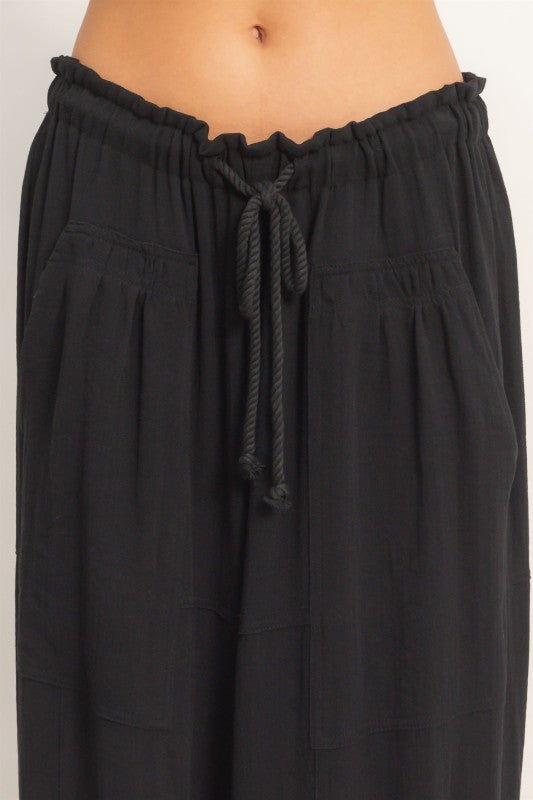 Elastic Hem Drawstring Pants- Black