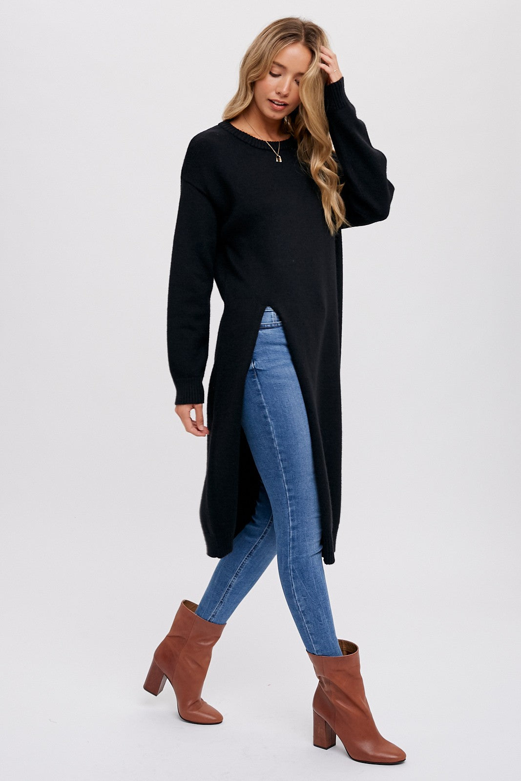 Stay Classy High Slit Longline Pullover Sweater