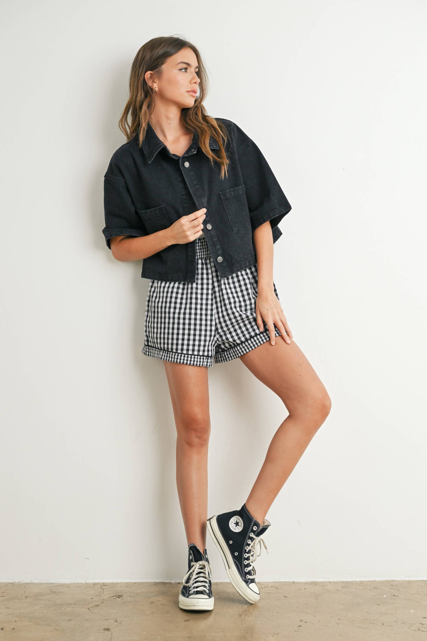 Button Front Cropped Denim Shirt