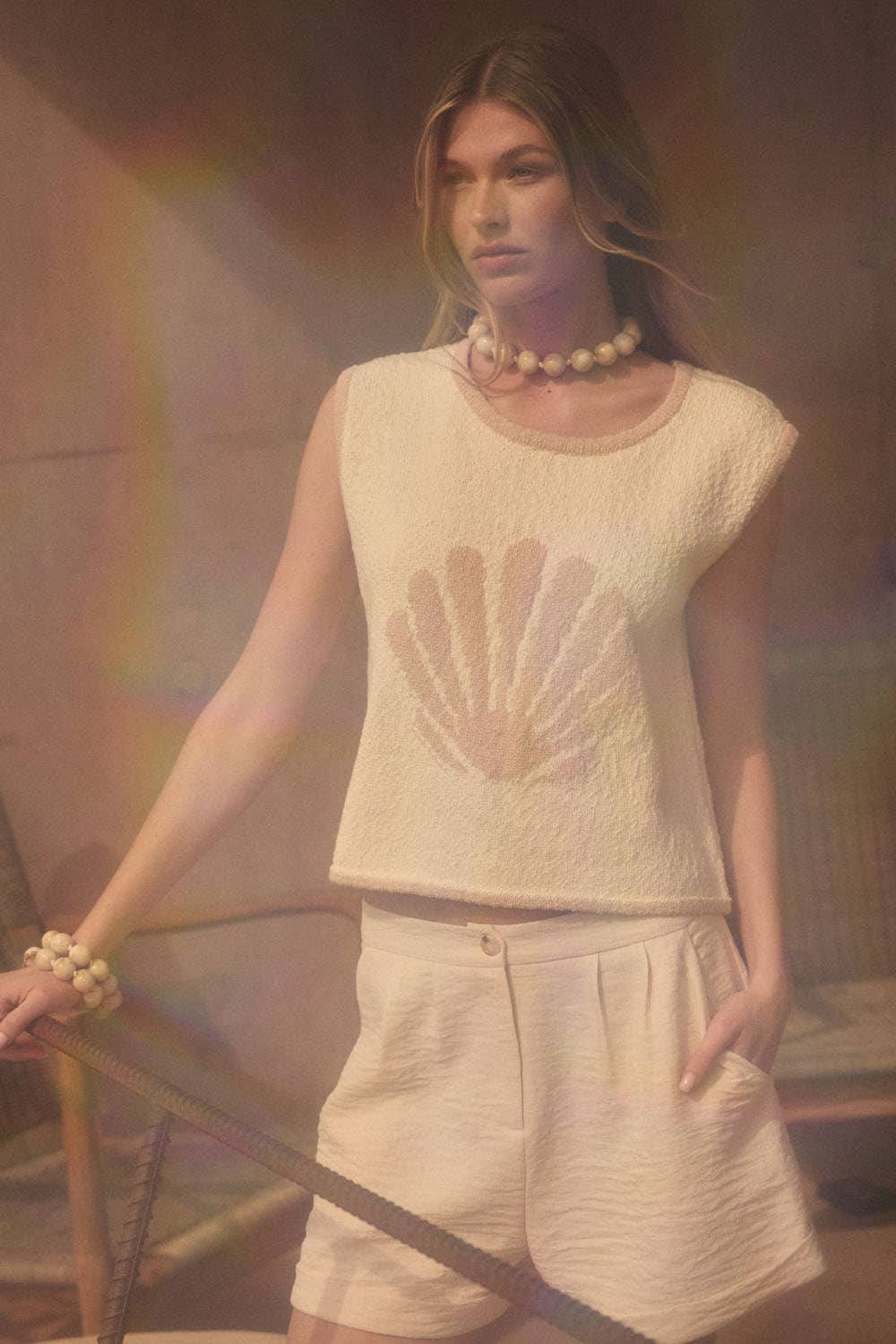 Seashell Jacquard-Knit Cropped Sweater Tank Top