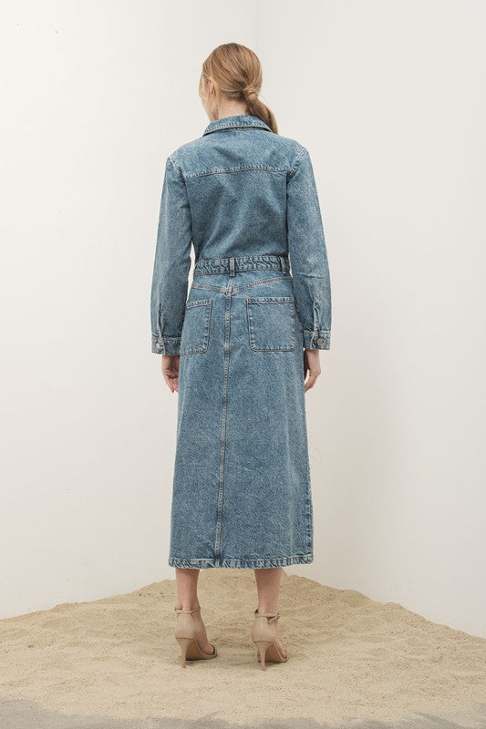 Femme Button Front Denim Maxi Dress