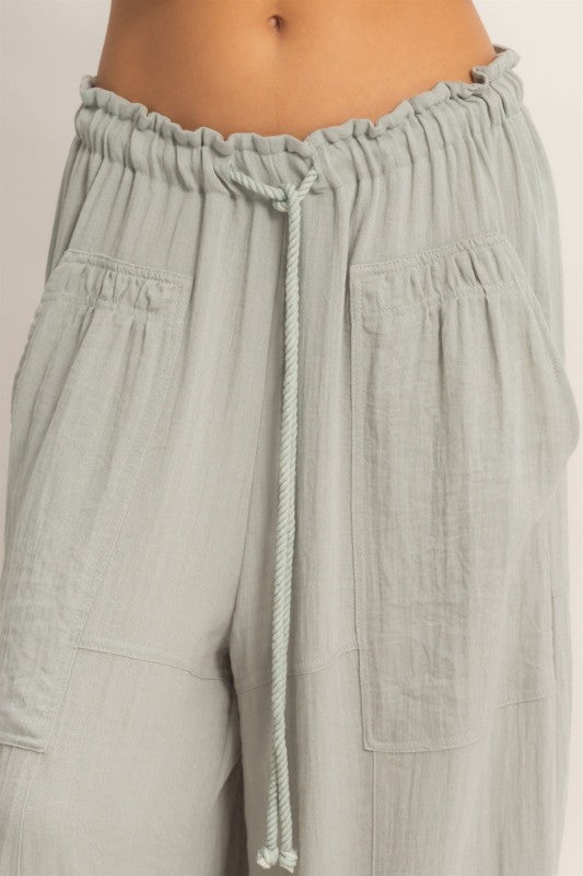 Elastic Hem Drawstring Pants - Dusty Sage