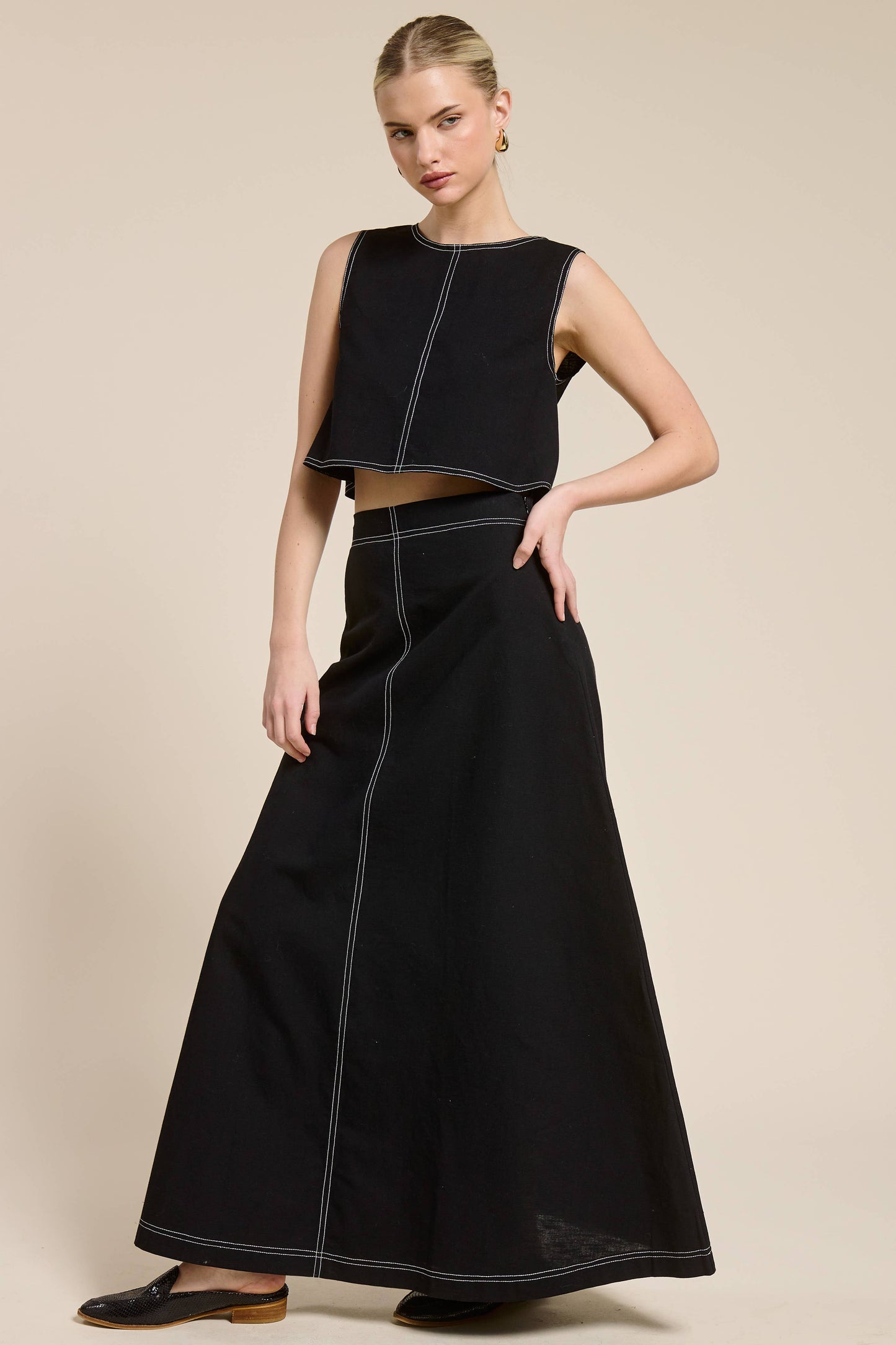 Contrast Stitch Linen Two Piece Set