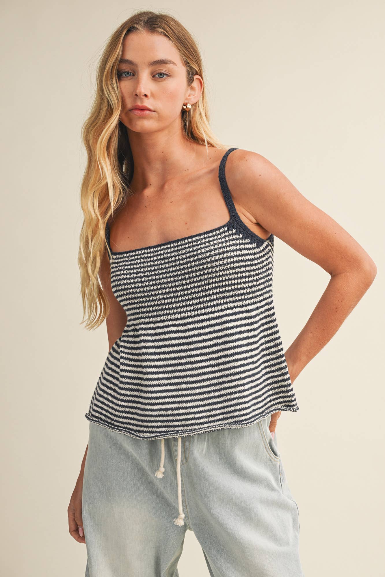 Mere Textured Stripe Square Neck Knit Top