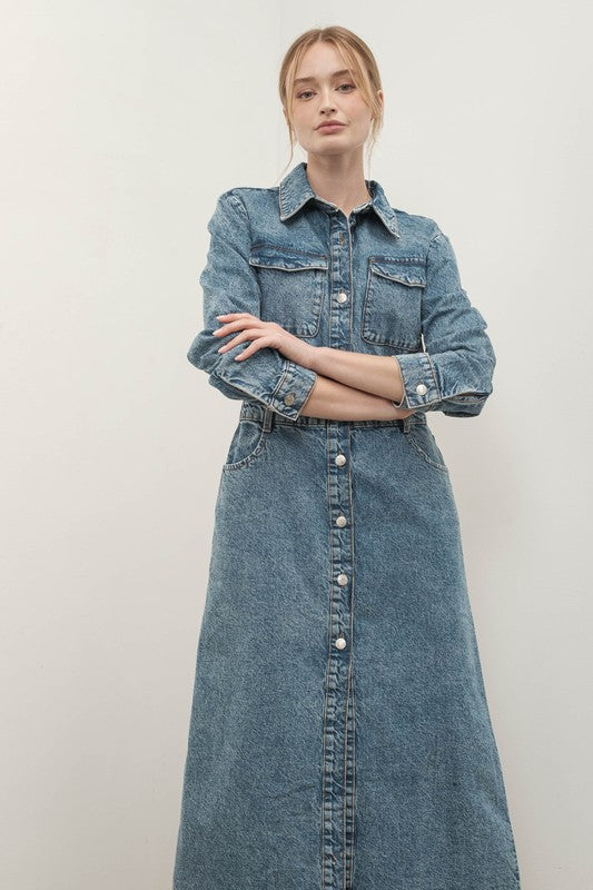 Femme Button Front Denim Maxi Dress