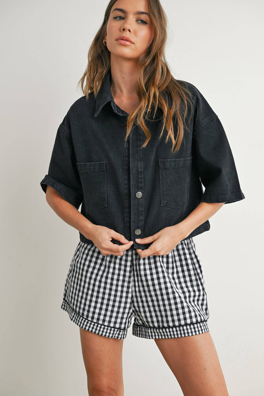 Button Front Cropped Denim Shirt