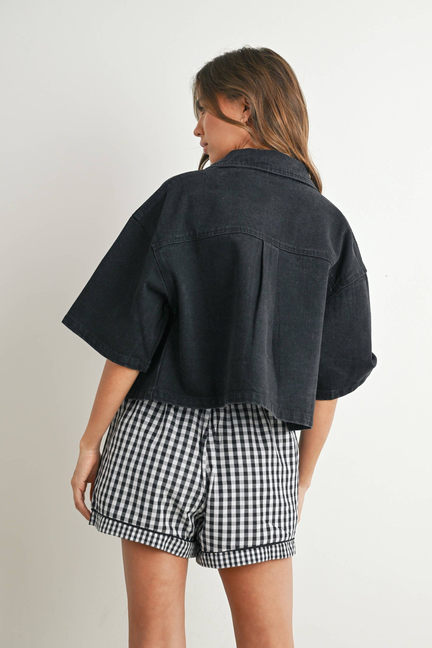 Button Front Cropped Denim Shirt