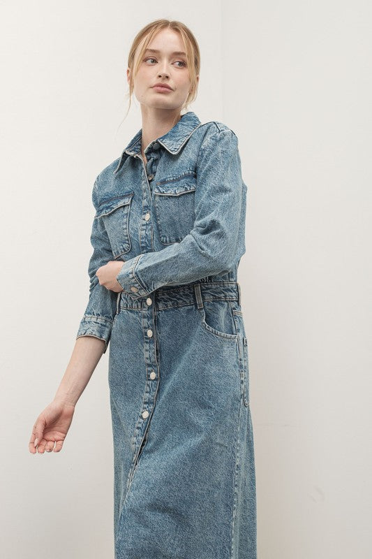 Femme Button Front Denim Maxi Dress