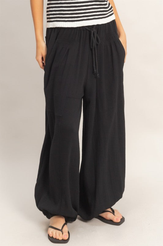 Elastic Hem Drawstring Pants- Black