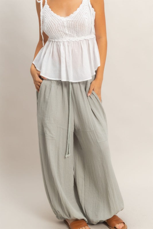 Elastic Hem Drawstring Pants - Dusty Sage