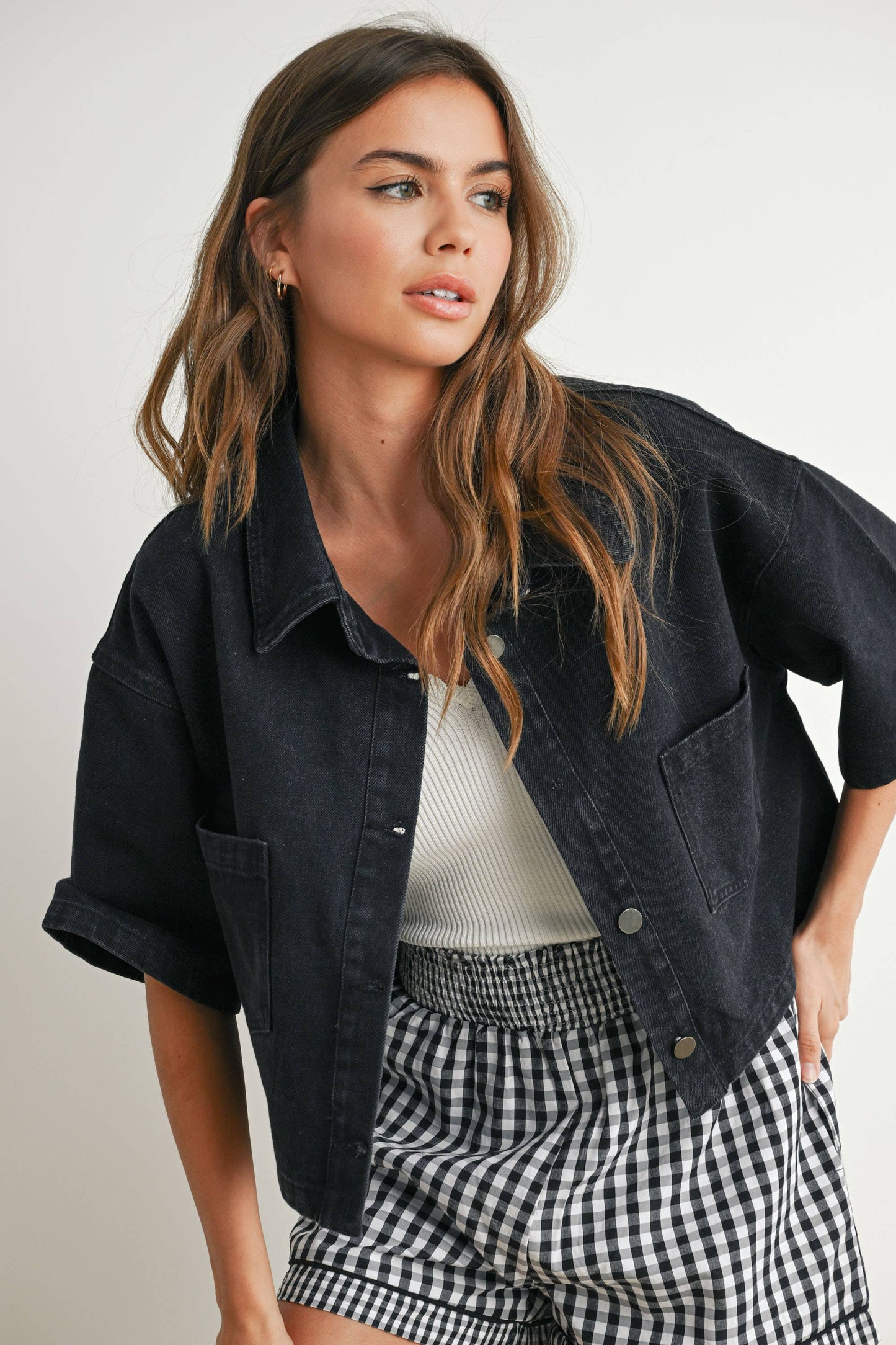 Button Front Cropped Denim Shirt