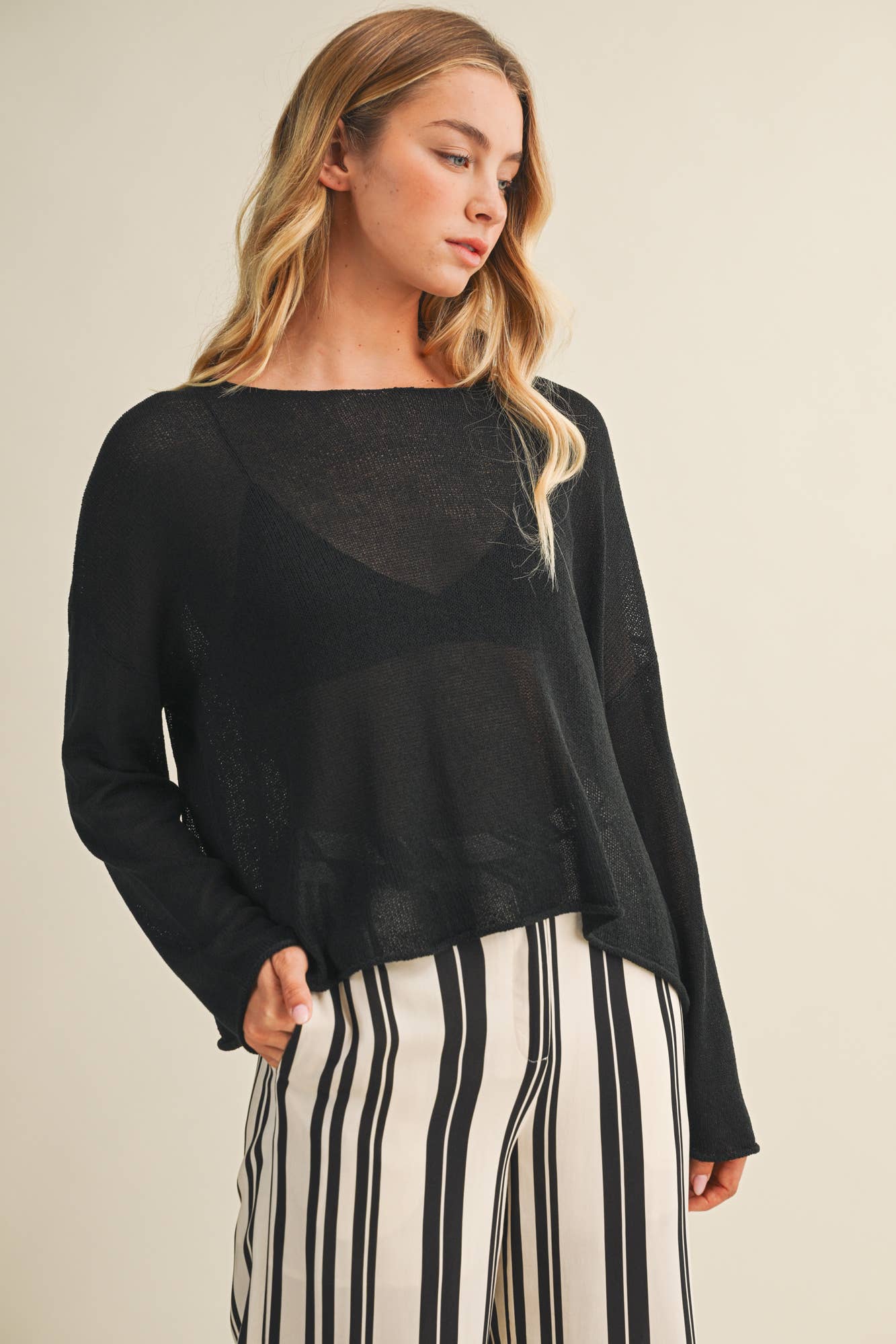 Sheer Knit Dropped Shoulder Pullover