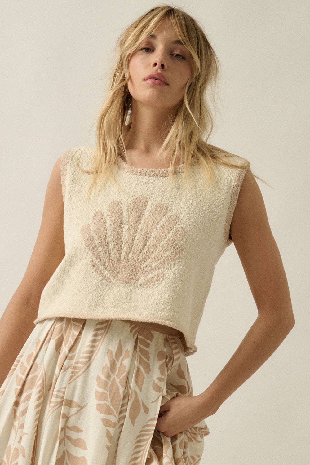 Seashell Jacquard-Knit Cropped Sweater Tank Top