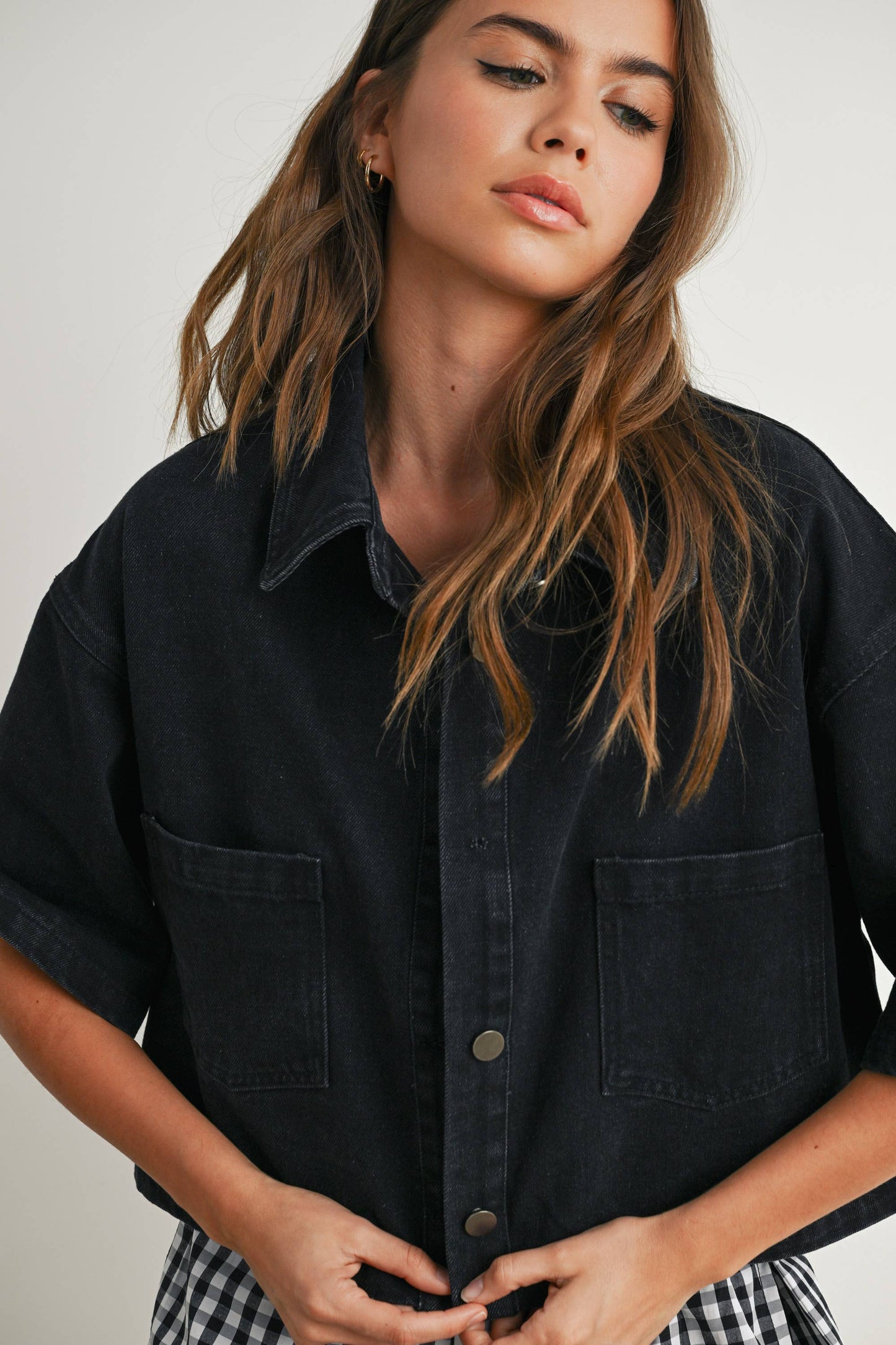 Button Front Cropped Denim Shirt