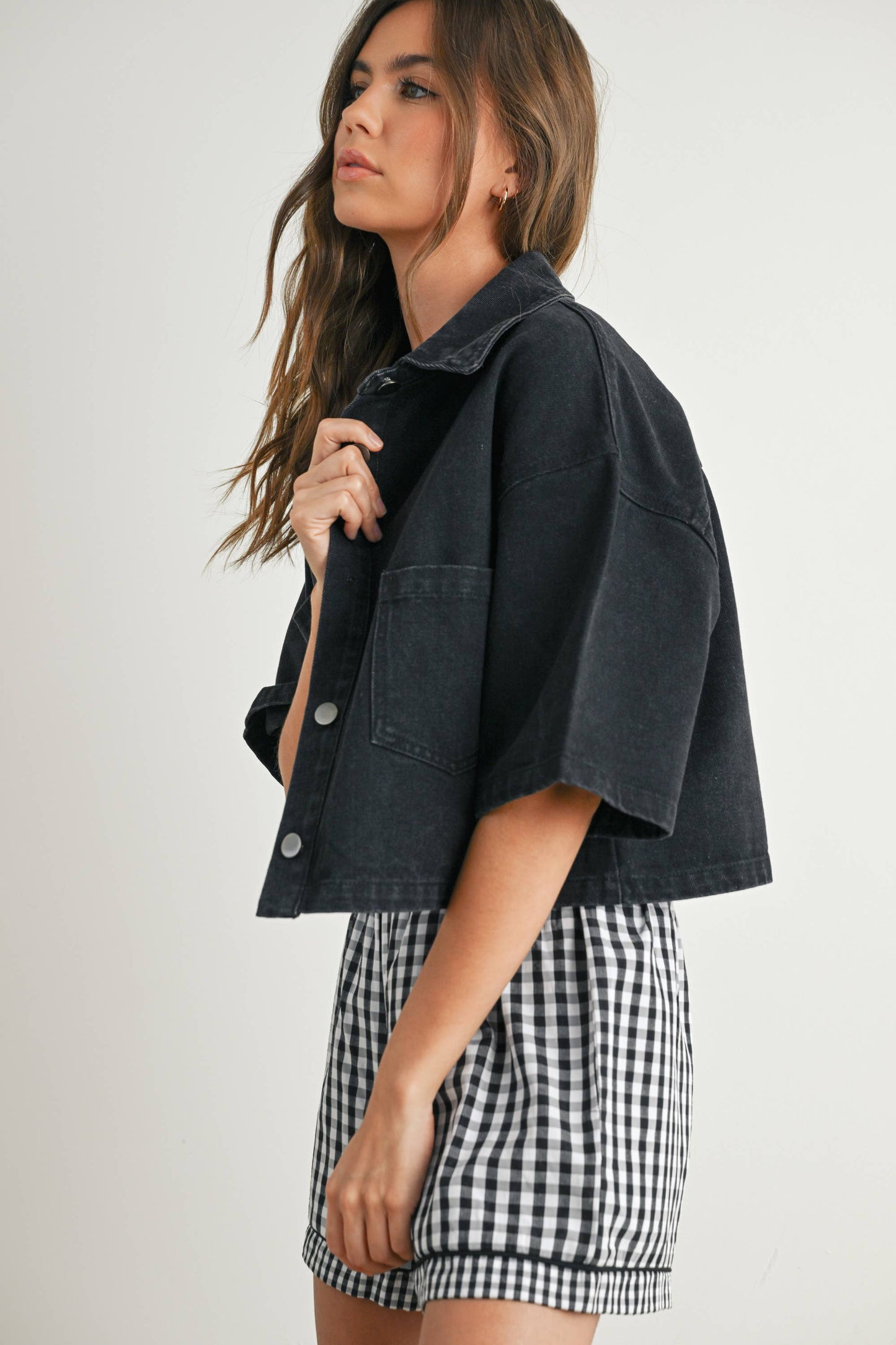 Button Front Cropped Denim Shirt