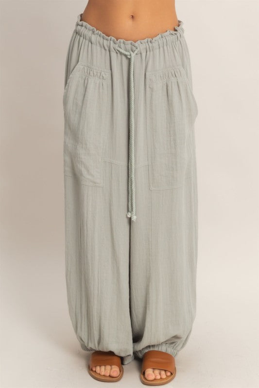 Elastic Hem Drawstring Pants - Dusty Sage