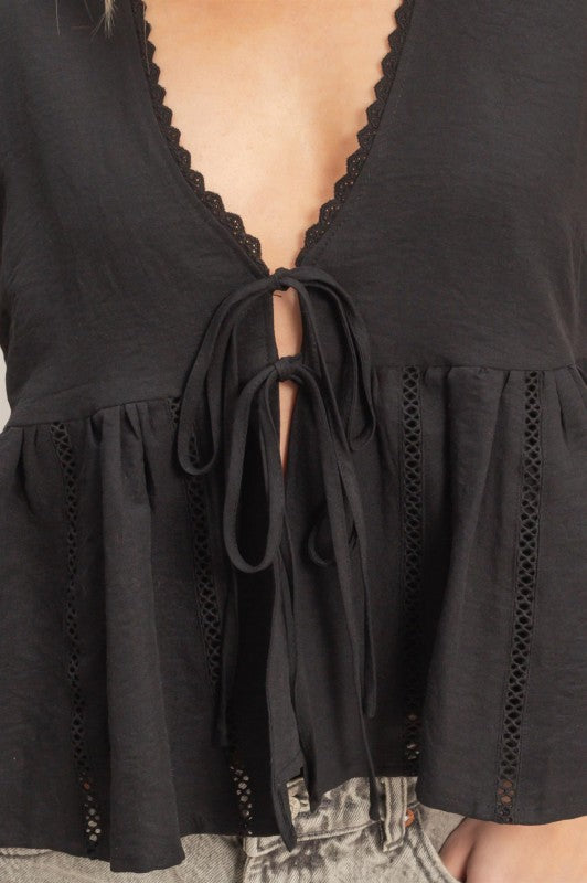 Lace Trim Tie Front Top