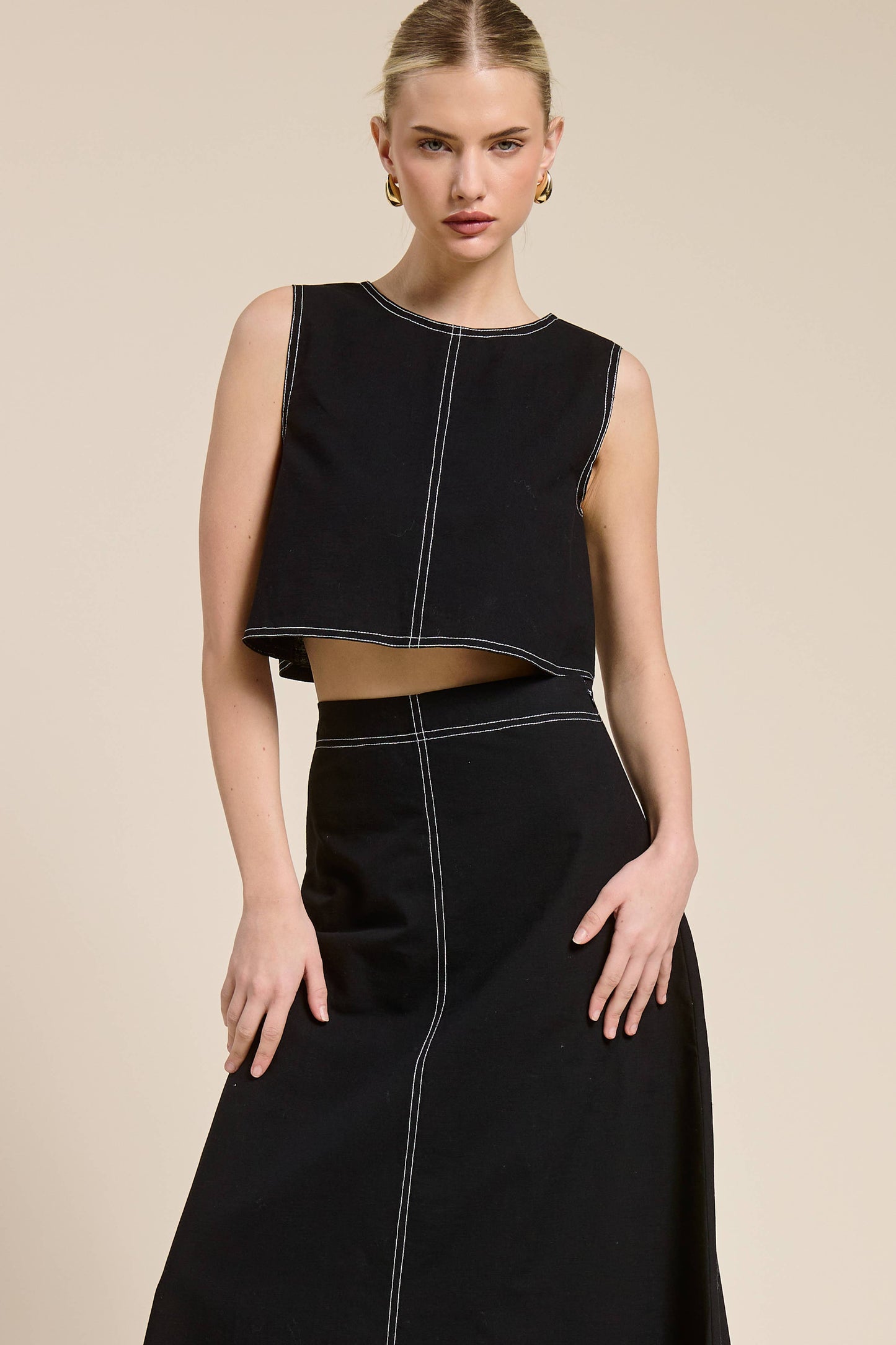 Contrast Stitch Linen Two Piece Set